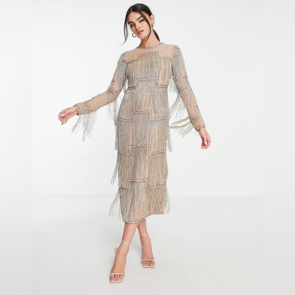 ASOS DESIGN all over embellished long sleeve midi dress in beige